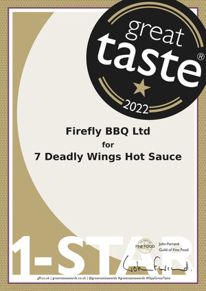Great Taste Award 2022 certificate showing 1-star rating for Firefly BBQ's 7 Deadly Wings Hot Sauce, highlighting its quality and flavor.
