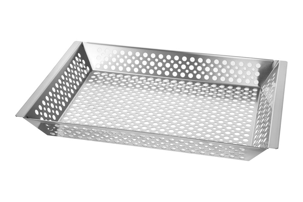 Metal smoker tray with perforated surface for outdoor grilling