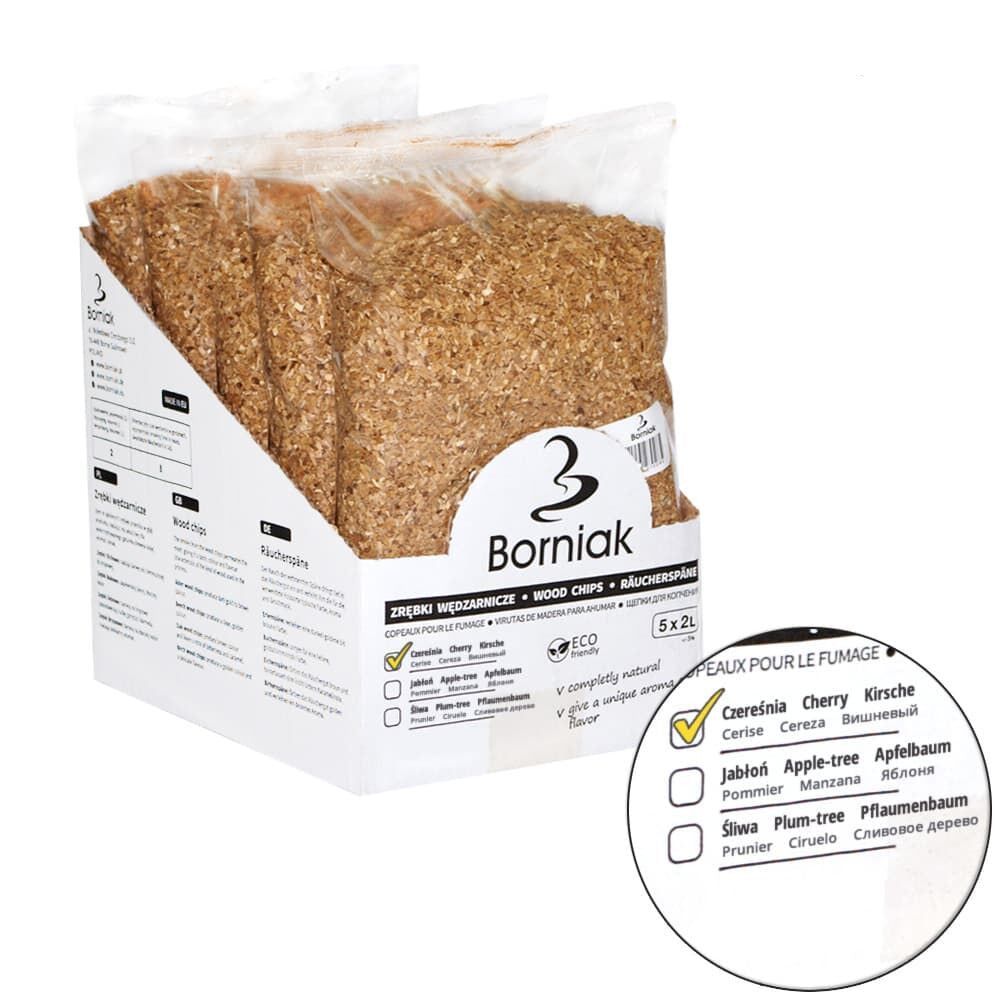 Borniak Cherry Smoking Wood Chips in box with label for barbecue flavoring