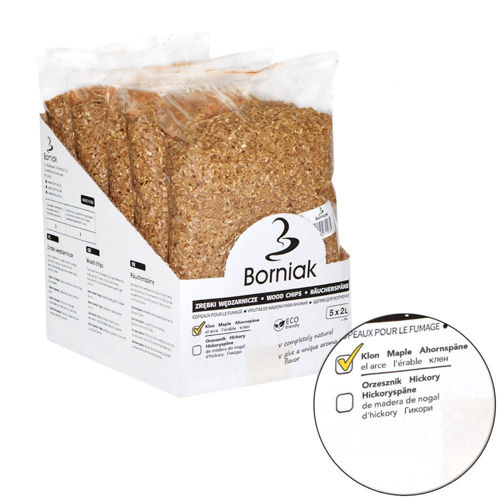Close-up of Borniak wood chips in transparent packaging for smoking