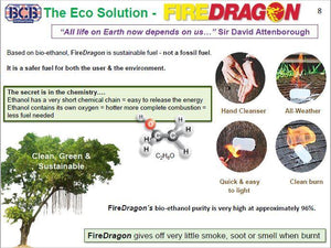 Eco-friendly FireDragon bio-ethanol fuel packaging with green tree logo
