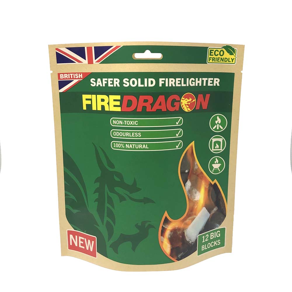 Eco-friendly Fire Dragon firelighter pouch with British flag and green design