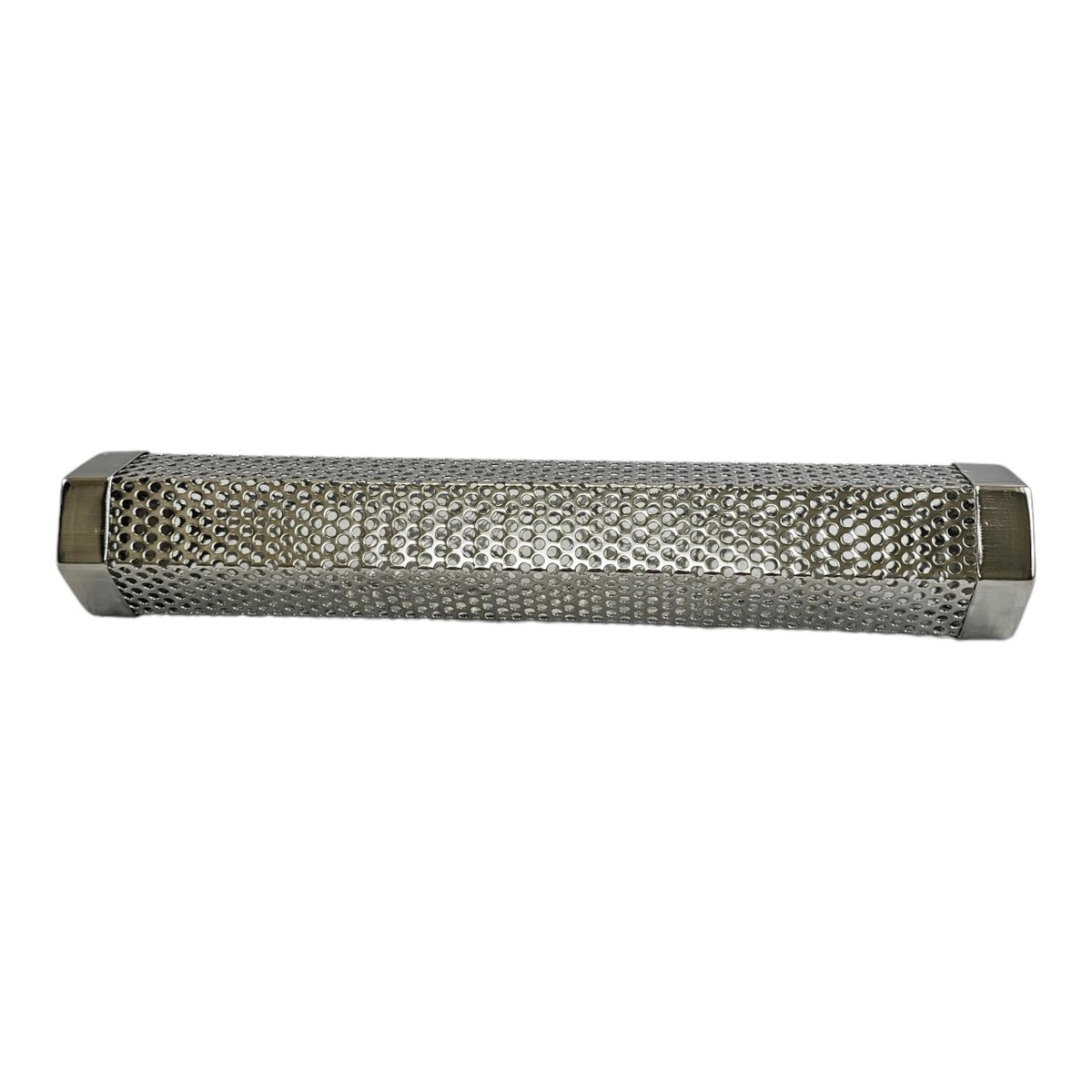Close-up of stainless steel BBQ smoker tube with perforated design