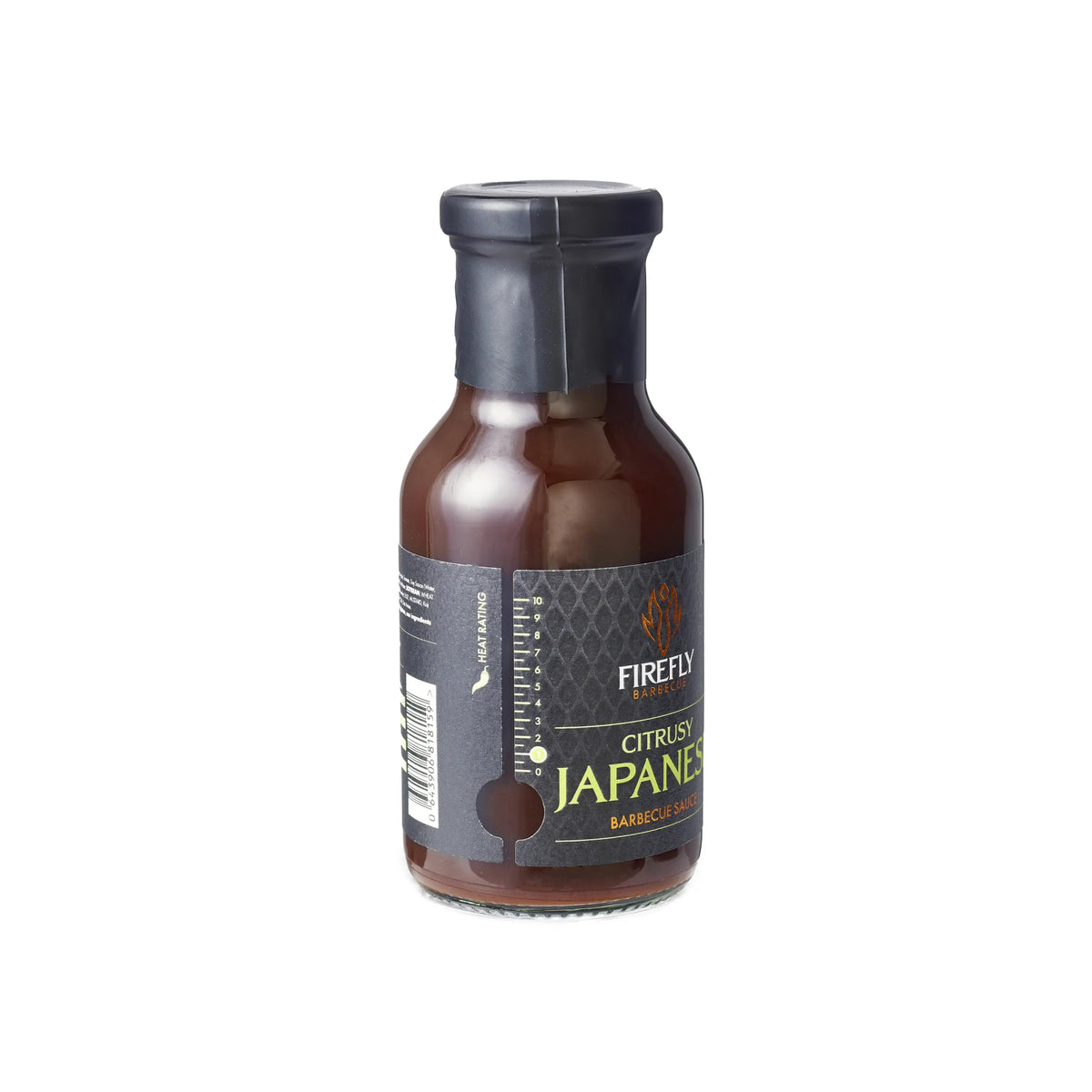 Side view of Firefly Japanese BBQ Sauce 250ml bottle showing label and measurement scale. Yuzu-infused marinade for savory citrus flavor.