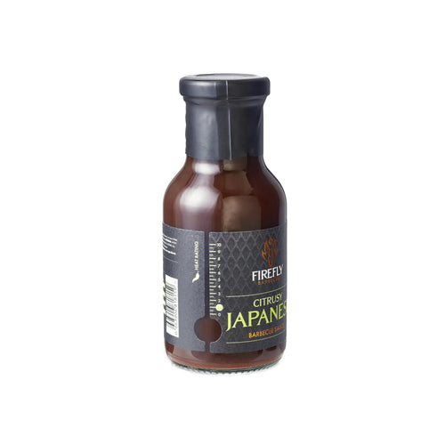 Side view of Firefly Japanese BBQ Sauce 250ml bottle showing label and measurement scale. Yuzu-infused marinade for savory citrus flavor.