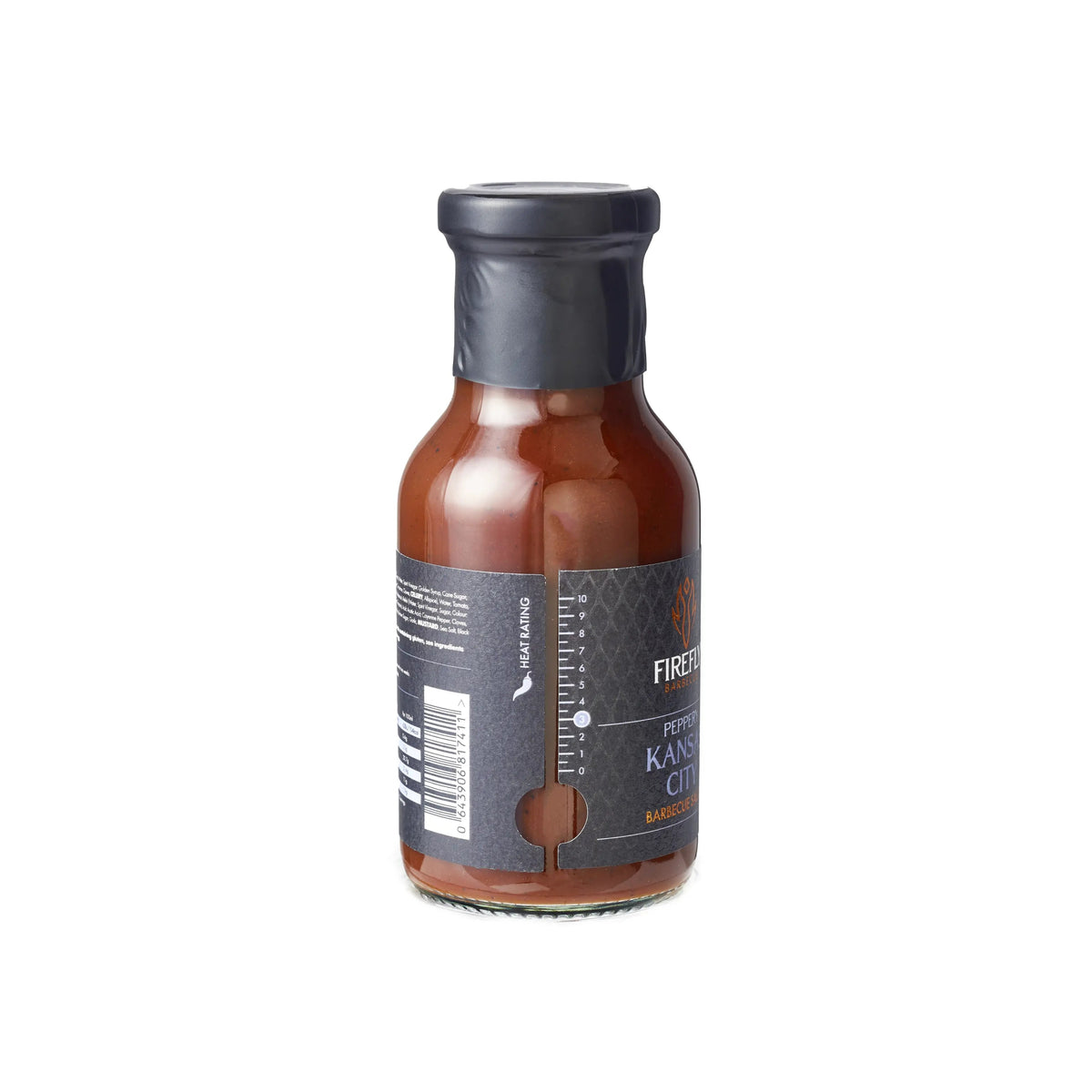 Side view of Firefly BBQ Kansas Brisket BBQ Sauce bottle showing spice level indicator and sleek black label design for gourmet grilling.
