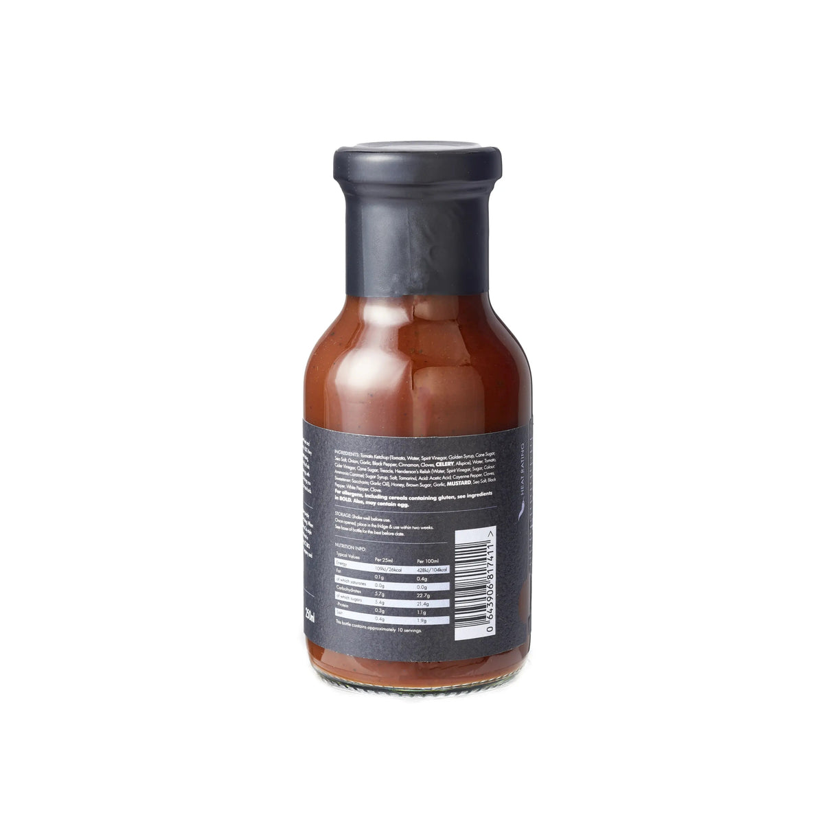 Firefly BBQ Kansas Brisket BBQ Sauce bottle rear view with barcode and nutritional information, suitable for gluten-free and halal diets.