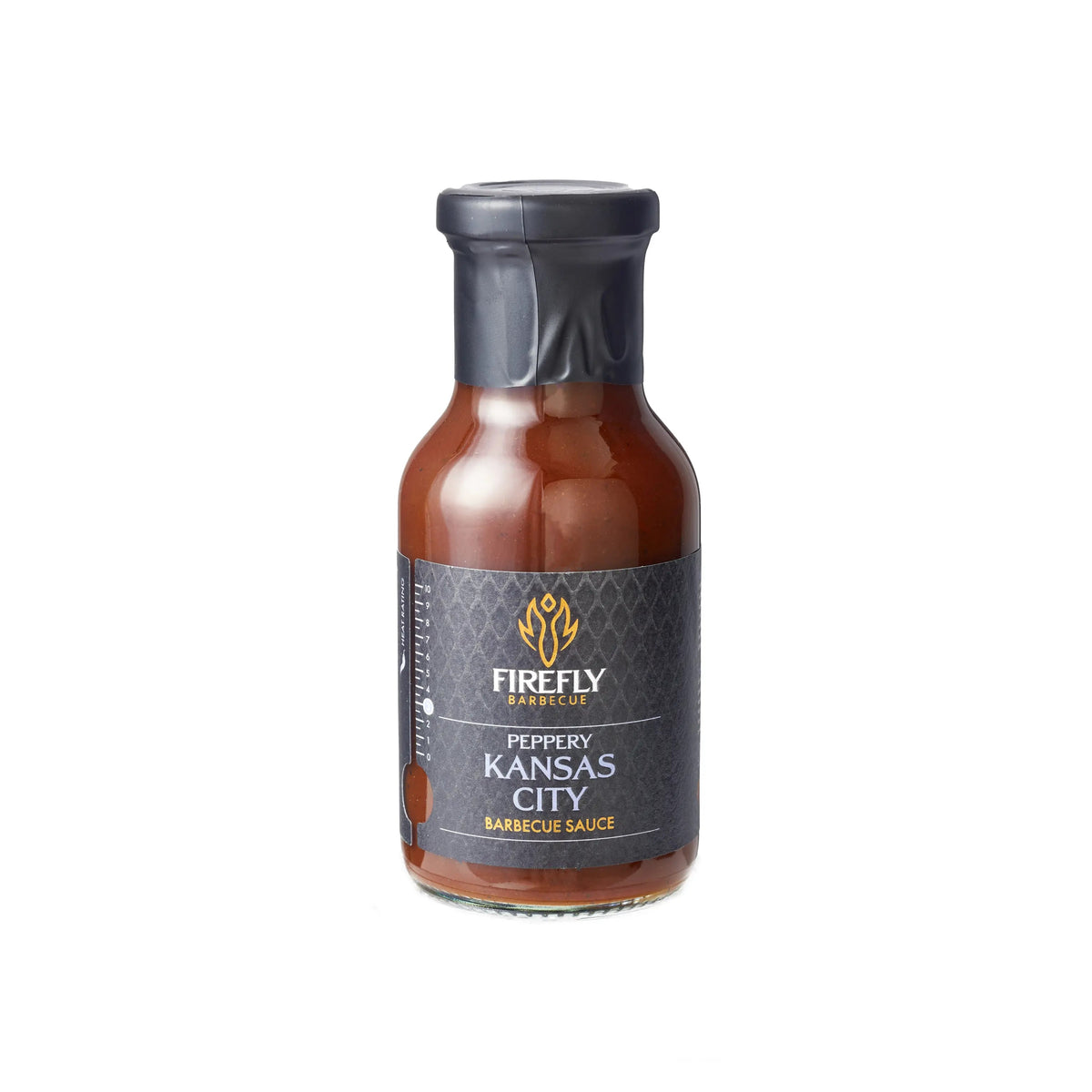 Barbecue sauce bottle with black label and logo