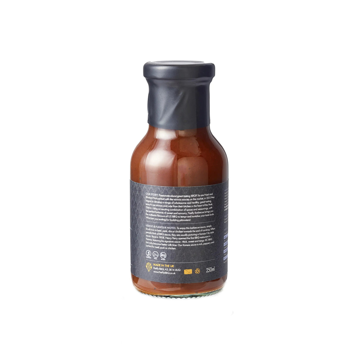 Back label of Firefly BBQ Kansas Brisket BBQ Sauce bottle displaying ingredients, certifications, and product details for informed purchase.