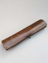 Closed leather knife roll with logo