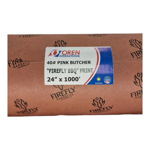 Oren Pink Butcher Paper BBQ - 61cm x 305m roll with Firefly BBQ print, FDA-approved unwaxed paper for grilling and smoking meat.