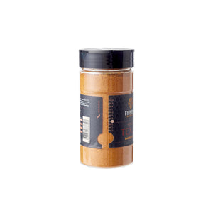 Side view of Firefly BBQ Texas Spicy Rub jar showing fine spice blend texture. Great for enhancing grilled or baked dishes with TEX-MEX flavor.