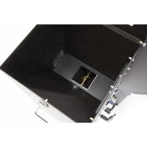 Interior view of GMG LEDGE Pellet Grill hopper, showing auger system for consistent wood pellet feeding and efficient heat distribution.