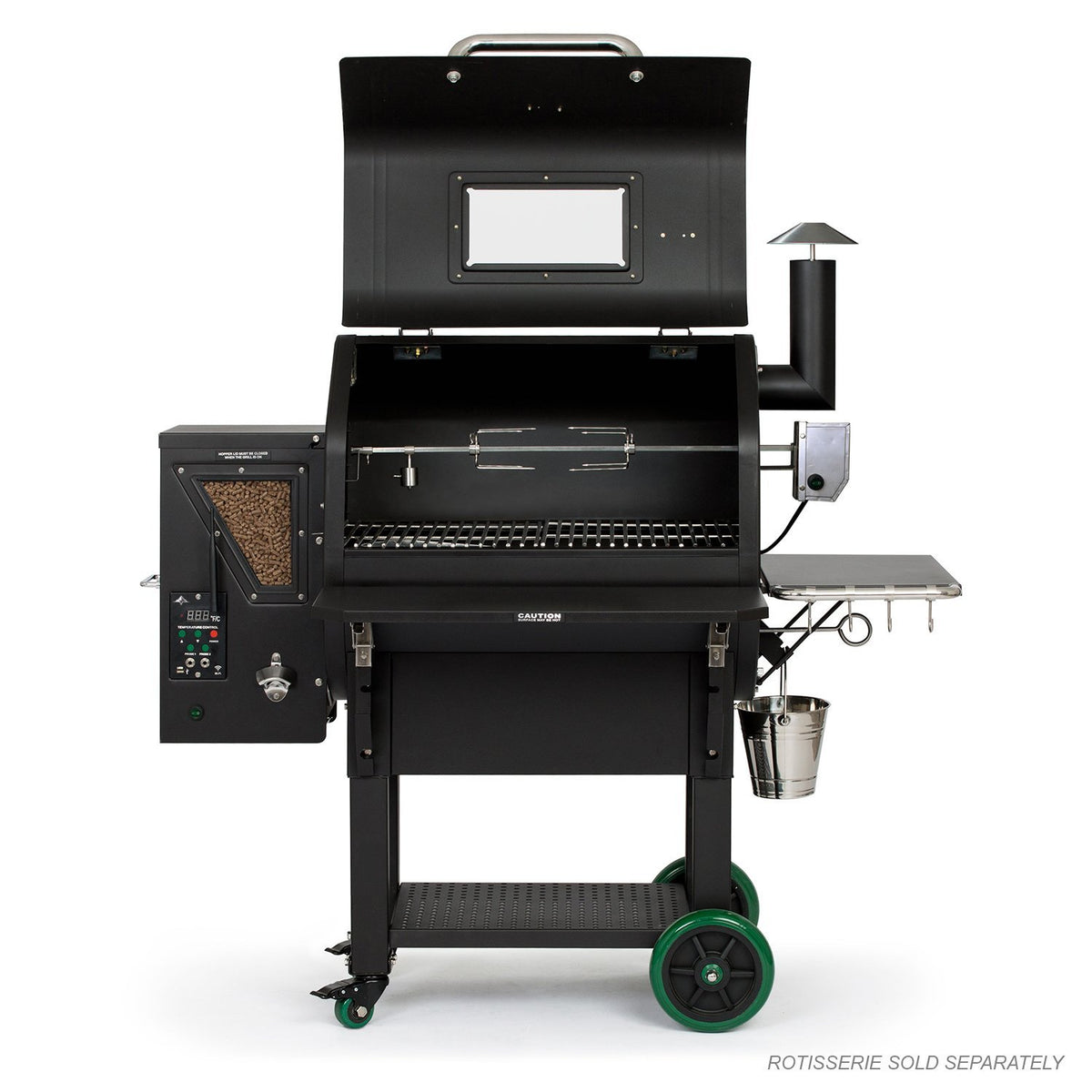 GMG LEDGE PRIME Pellet Grill with open lid and rotisserie mount, highlighting spacious cooking area and pellet hopper for smoking meats.