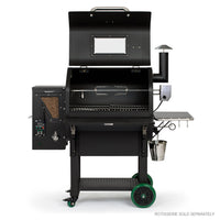 GMG LEDGE PRIME Pellet Grill with open lid and rotisserie mount, highlighting spacious cooking area and pellet hopper for smoking meats.