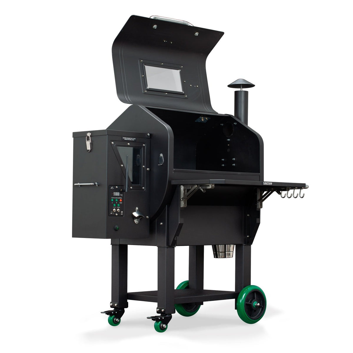 Side view of GMG LEDGE PRIME Wi-Fi Pellet Grill with open lid, showing digital control panel and collapsible shelf for grilling ease.