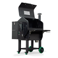 Side view of GMG LEDGE PRIME Wi-Fi Pellet Grill with open lid, showing digital control panel and collapsible shelf for grilling ease.