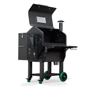 Side view of GMG LEDGE PRIME Wi-Fi Pellet Grill with open lid, showing digital control panel and collapsible shelf for grilling ease.