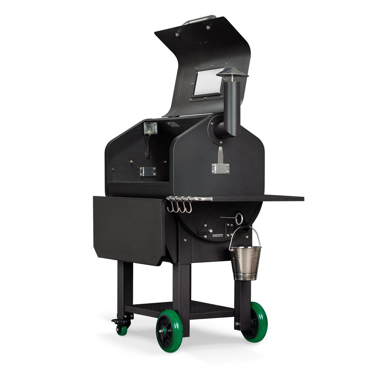 Rear angled view of GMG LEDGE PRIME Pellet Smoker with open lid, chimney, and grease bucket, ideal for backyard barbecue enthusiasts.