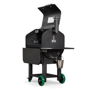 Rear angled view of GMG LEDGE PRIME Pellet Smoker with open lid, chimney, and grease bucket, ideal for backyard barbecue enthusiasts.