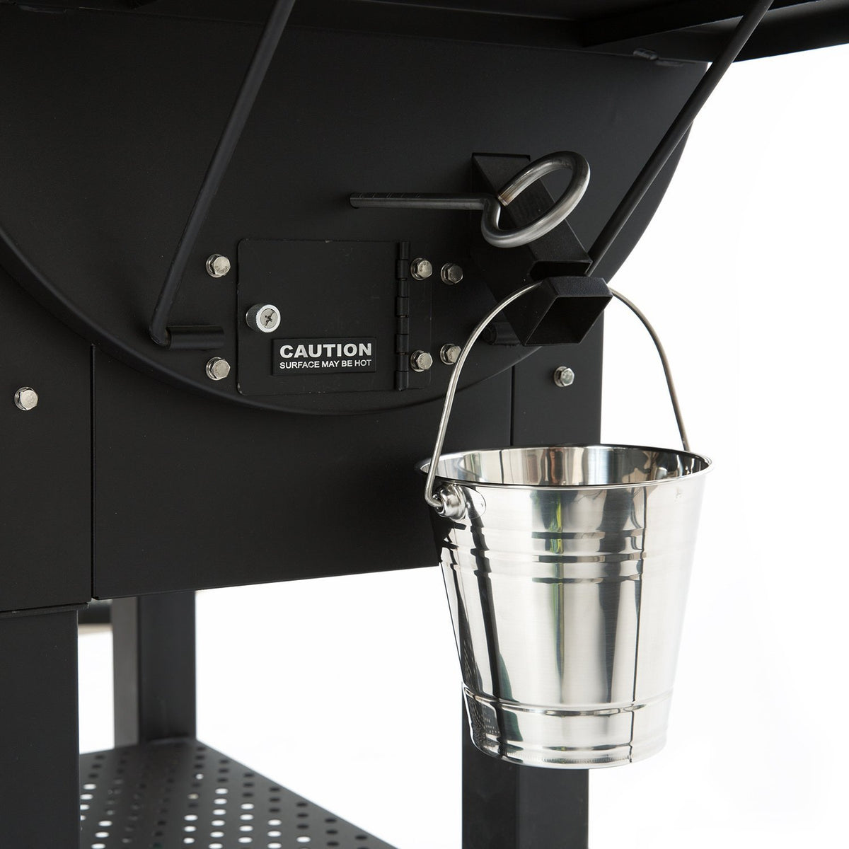 Close-up of GMG LEDGE Pellet Smoker grease bucket attachment, designed for easy cleanup and efficient grease management during grilling.