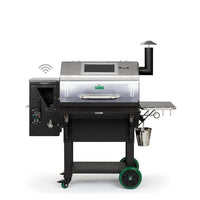 GMG LEDGE PRIME Wi-Fi Enabled Pellet Grill in stainless steel finish, showcasing hopper and collapsible front shelf for grilling versatility.