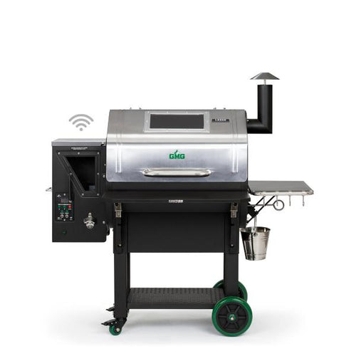 GMG LEDGE PRIME Wi-Fi Enabled Pellet Grill in stainless steel finish, showcasing hopper and collapsible front shelf for grilling versatility.