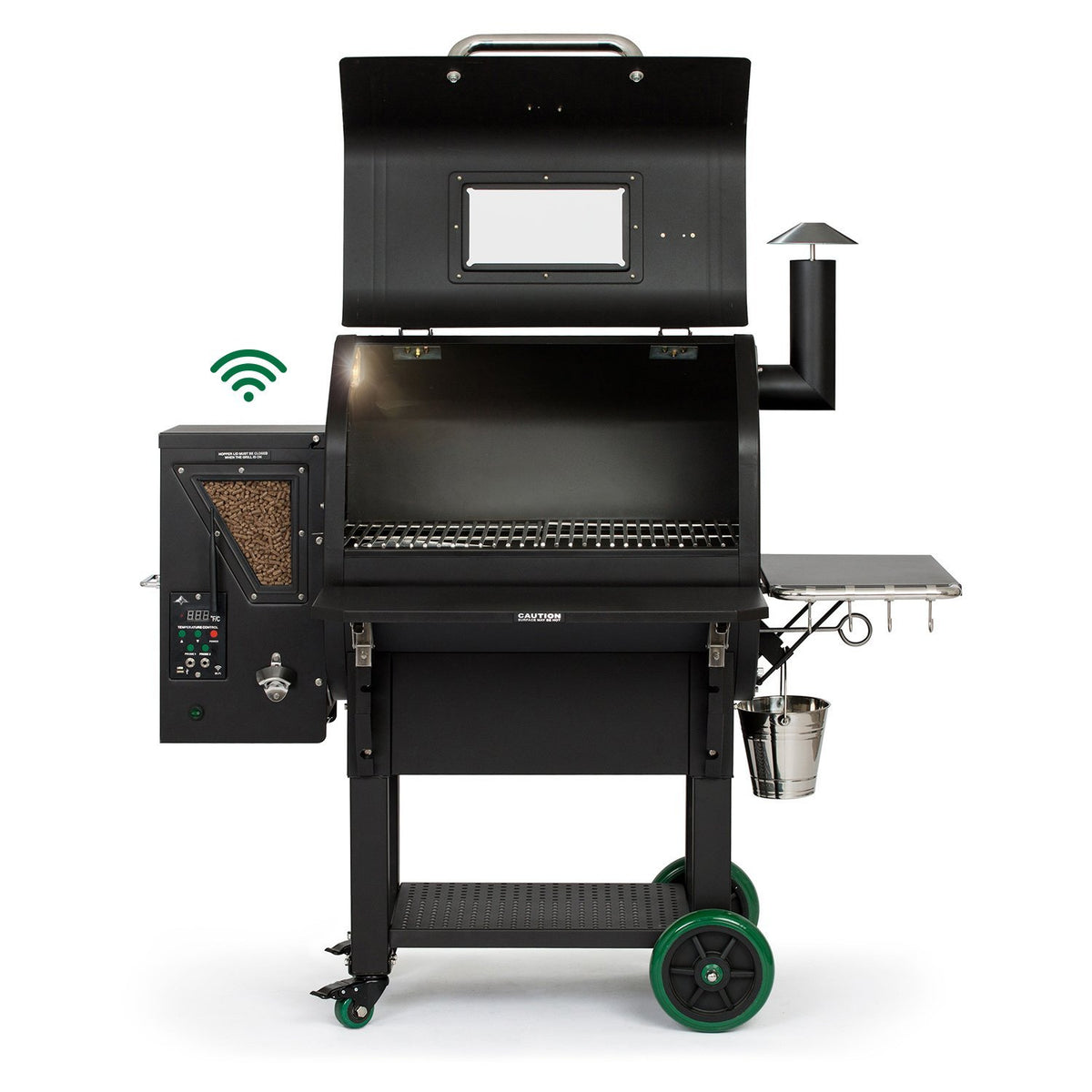 GMG LEDGE PRIME Wi-Fi Pellet Grill with open lid, showing spacious cooking grates and pellet hopper for precise temperature control.