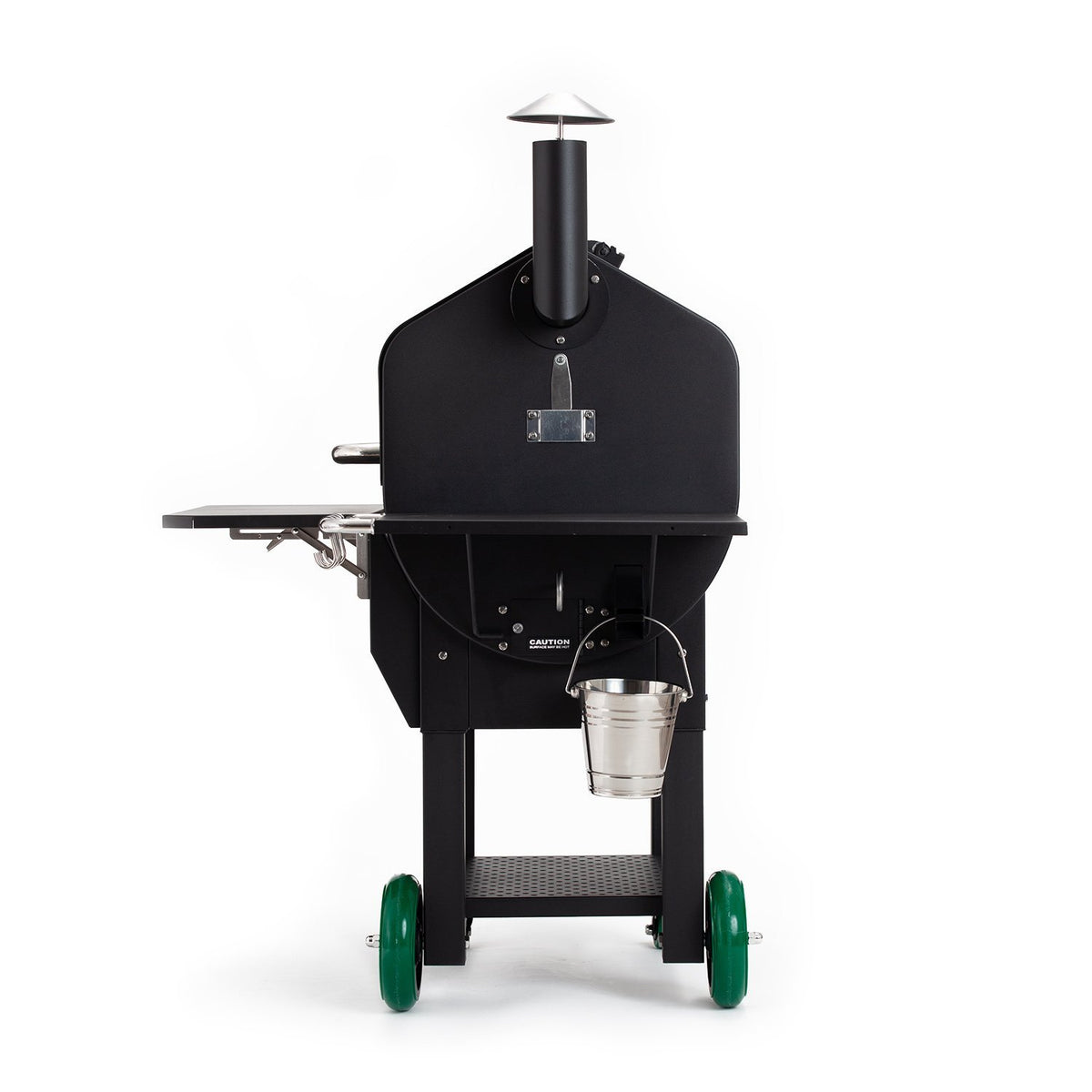 Back view of GMG LEDGE PRIME Pellet Smoker with chimney, grease bucket, and durable wheels for easy mobility and outdoor use.