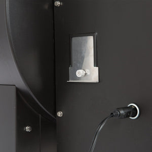 Power input and mounting bracket on Green Mountain Grills PEAK Prime smoker for rotisserie and accessory integration.