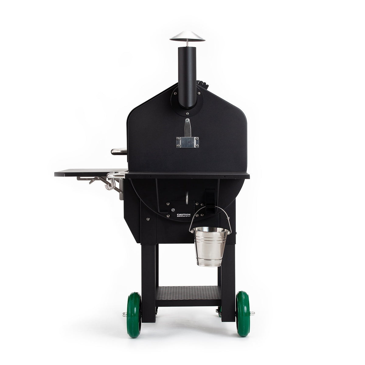 Side view of GMG PEAK Prime wood pellet smoker with chimney, bucket hook, and foldable side shelf for outdoor grilling convenience.