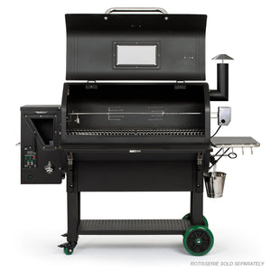 Green Mountain Grills PEAK Prime grill with open lid and rotisserie mount, ideal for backyard smoking and grilling versatility.