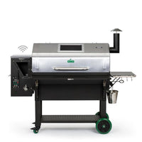 Stainless steel Green Mountain Grills PEAK Prime pellet smoker featuring a rotisserie-ready design and durable outdoor build.