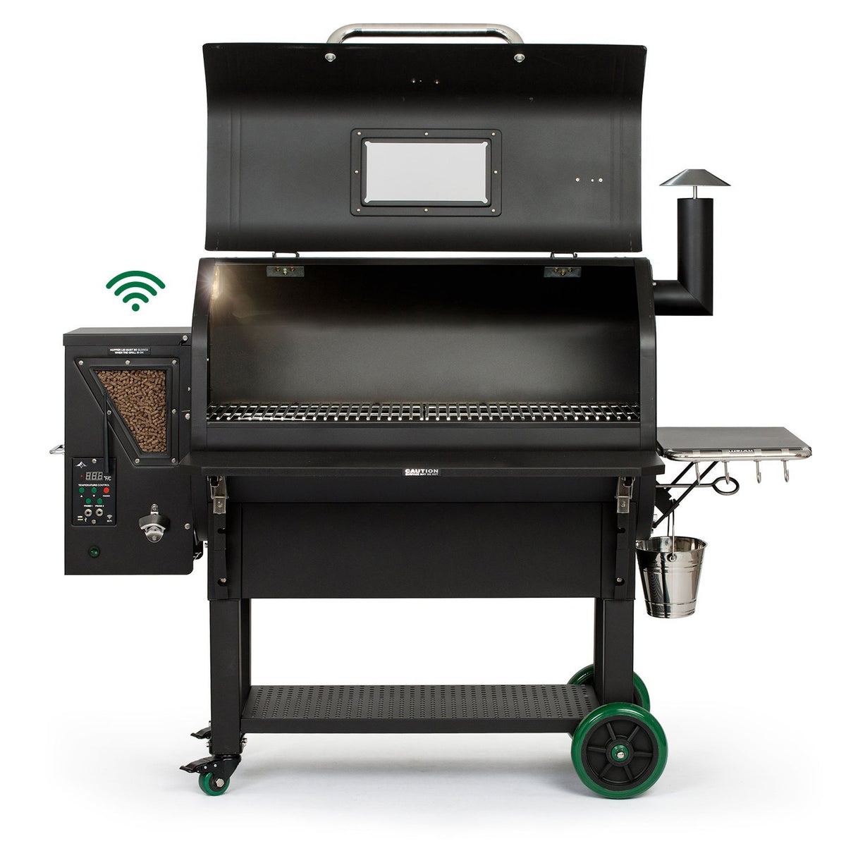 Open Green Mountain Grills PEAK Prime pellet grill showing spacious cooking area, pellet hopper, and Wi-Fi smart control panel.