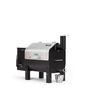 Angled view of GMG Trek Portable BBQ Grill - FireFly Barbecue with stainless steel lid and side hopper for pellet smoking convenience.