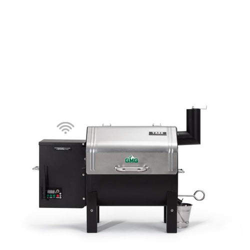 GMG Trek Portable BBQ Grill - FireFly Barbecue compact pellet smoker with stainless steel lid and digital control panel for outdoor grilling.