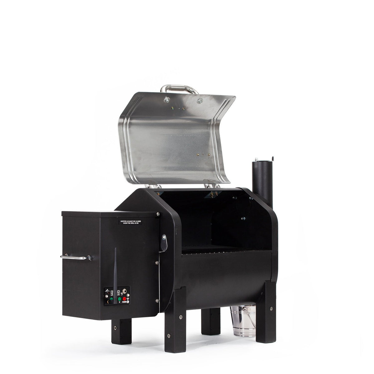 Rear view of open GMG Trek Portable BBQ Grill - FireFly Barbecue highlighting pellet hopper and durable construction for outdoor cooking.