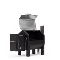 Rear view of open GMG Trek Portable BBQ Grill - FireFly Barbecue highlighting pellet hopper and durable construction for outdoor cooking.