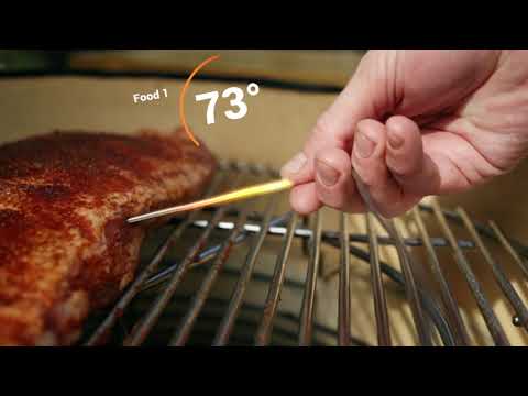 Hand inserting temperature probe into meat on grill, with UltraQ BBQ Guru tracking food temperature at 73°F for perfect doneness.