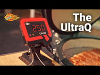 UltraQ BBQ Guru controller in use on ceramic grill, showing 250°F, enhancing grilling precision with smart temperature control.