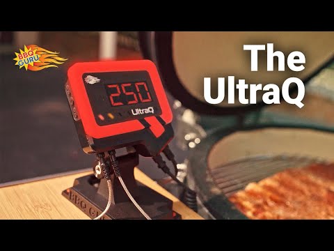 BBQ Guru UltraQ BBQ Controller - Monolith Guru Edition in action on grill, showing 250°F, enhancing BBQ precision and control.