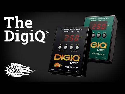 Promotional image of BBQ Guru DigiQ DX3 temperature controllers with branding, showcasing advanced BBQ grill temperature control features.
