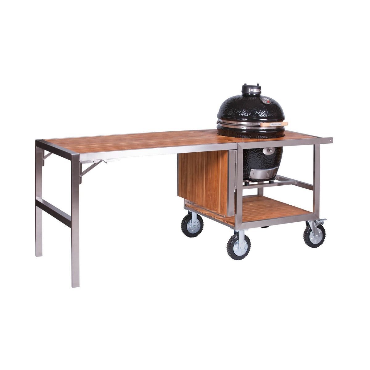 Monolith Buggy Add-On Table with teak surface and stainless steel frame