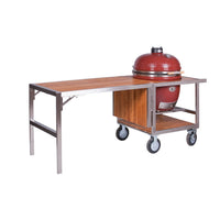 Chef preparing food at outdoor garden party with grill and wooden table