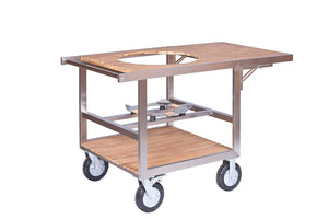 Monolith Buggy & Side Table featuring extended bamboo side table and durable wheels, perfect for outdoor grill setup and catering use.
