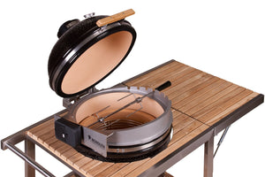 Monolith Classic Rotisserie - FireFly Barbecue in use with spit rod inside open kamado grill. Perfect for roasting meat evenly outdoors.