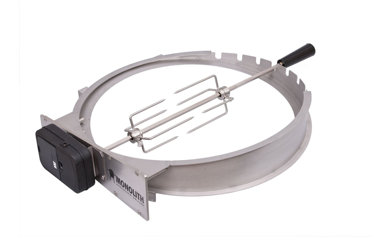 Monolith Classic Rotisserie - FireFly Barbecue stainless steel ring with motor and spit rod for outdoor grilling. Ideal for roasting whole chickens or gyros.
