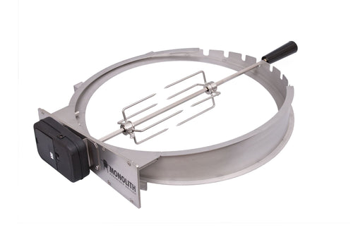 Monolith Classic Rotisserie - FireFly Barbecue stainless steel ring with motor and spit rod for outdoor grilling. Ideal for roasting whole chickens or gyros.