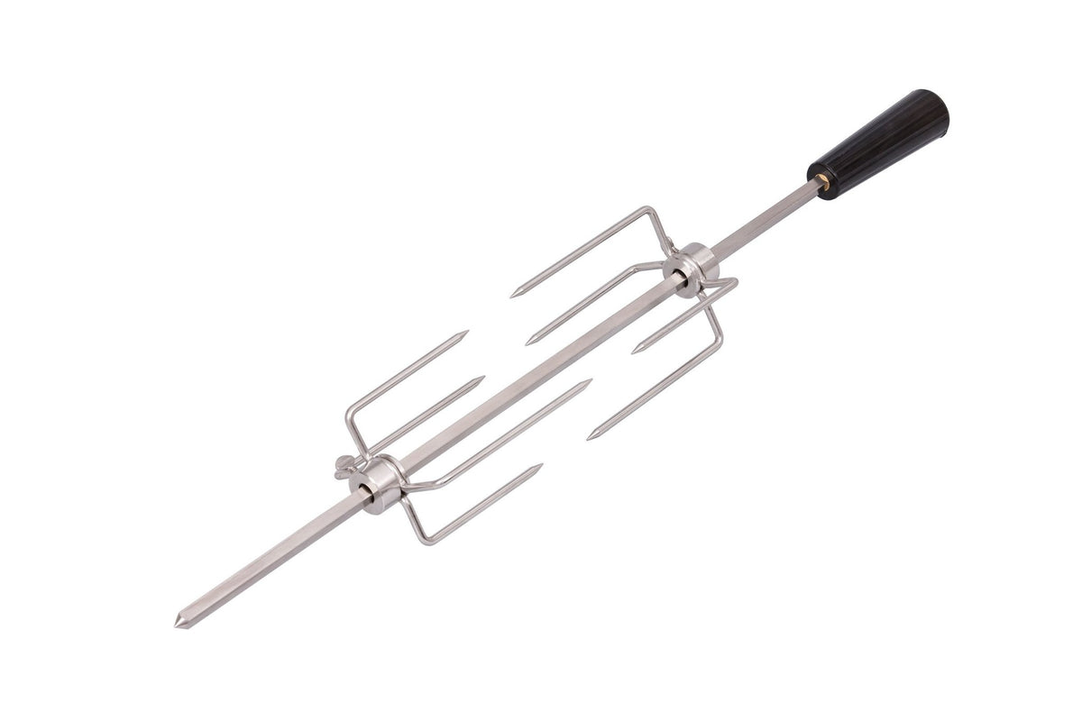 Monolith Classic Rotisserie - FireFly Barbecue spit rod with dual meat forks and black handle. Designed for secure meat rotation on outdoor grills.