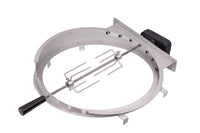 Monolith Classic Rotisserie - FireFly Barbecue accessory showing motorized ring and spit rod with meat forks. Durable stainless steel design for kamado grills.